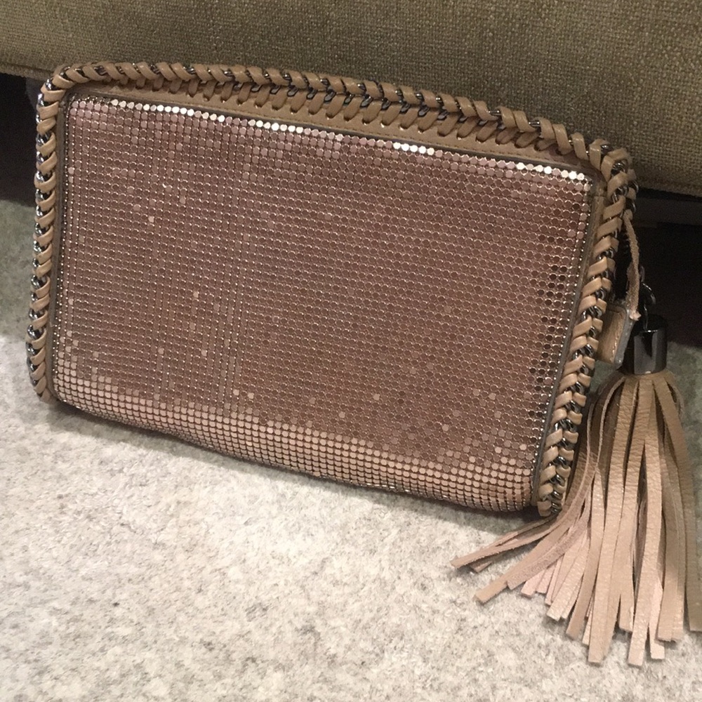 BCNG MAXAZRIA clutch with rose gold mesh